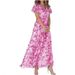 Women's Flowy Floral Print Chiffon Maxi Dress V-Neck Ruffled Hem Beach Dress Elastic Waist Multiple Colors_ecoleips.com