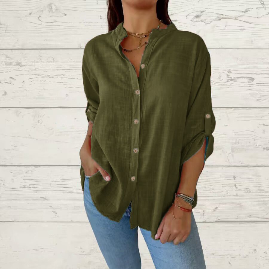 Women's Clothing Spring And Summer Women's V Neck Cotton And Linen Tops Long Sleeve Shirt Loose_ecoleips.com
