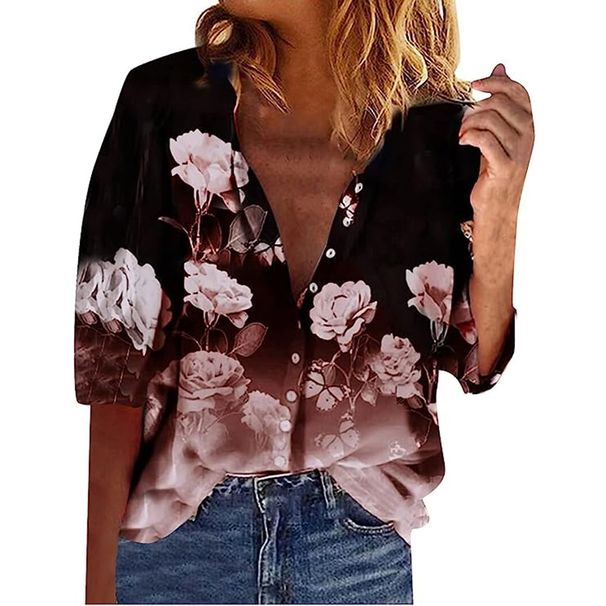 2024 Autumn New Seven-quarter Sleeve Lapel Print Temperament Short-sleeved Women's Shirt Base T-shirt_ecoleips.com