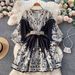 Women's Clothing Print Single Breasted V Neck Lantern Sleeve Waisted Medium Length Dress For Small People_ecoleips.com