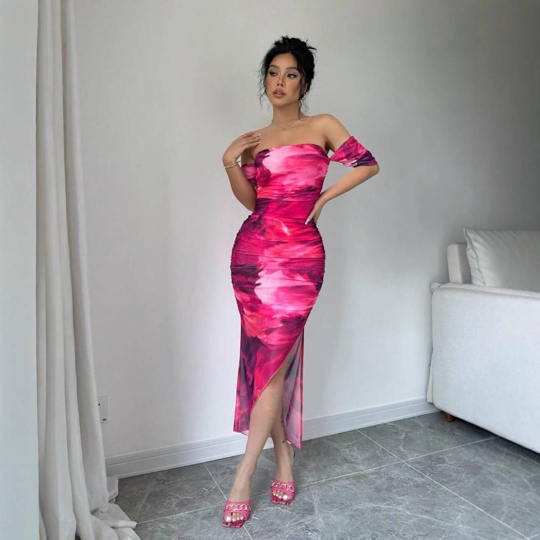 Women's Clothing Hip Skirt Fantasy Red One Shoulder Slit Wave Edge Hot Girl Mesh Dress_ecoleips.com