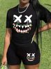 Summer Women's Casual And Fashionable Cartoon Face Print Loose T-shirt+shorts Two-piece Sportswear Suitable For Daily Wear-75_ecoleips.com