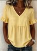 Women's Clothing Summer New Style Pleated Loose V Neck Bell Sleeve Shirt Solid Color Fashionable Design_ecoleips.com
