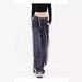 Plus-size Vintage Straight Drawstring Jeans Women, Spring/summer, Loose Fit, Dark Wash, Striped Wide-leg Pants For_ecoleips.com