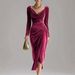 2026 European American Women's Casual Gold Velvet Sexy New Long-sleeve Slim-fit Ruched Long Dress With Slit And Bodycon_ecoleips.com