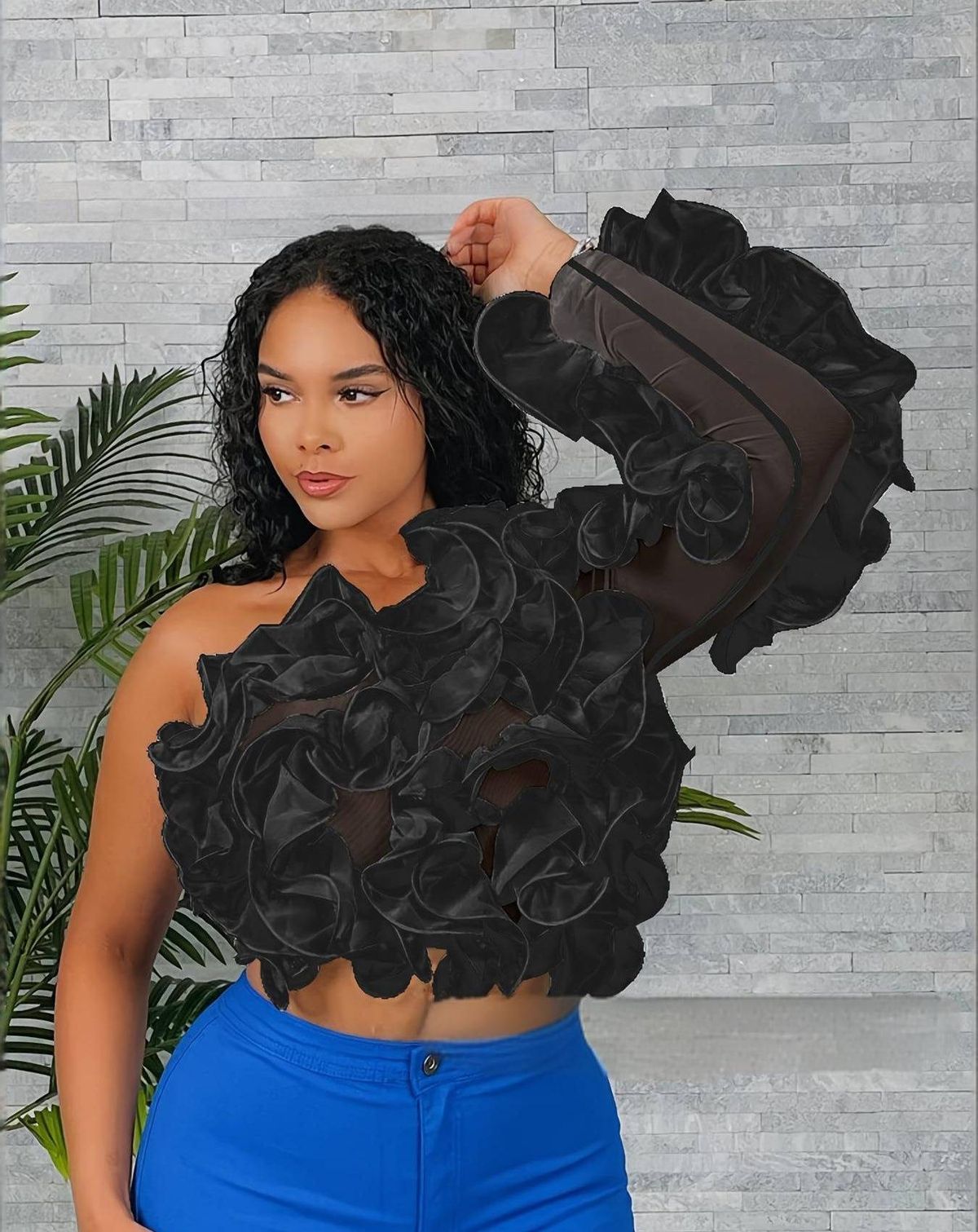Plus Size Elegant Off-Shoulder Blouse With Ruffled Hem, Stylish Short Top Casual & Chic Long Sleeve Shirt (0XL-5XL, White/Black/Deep Brown)_ecoleips.com