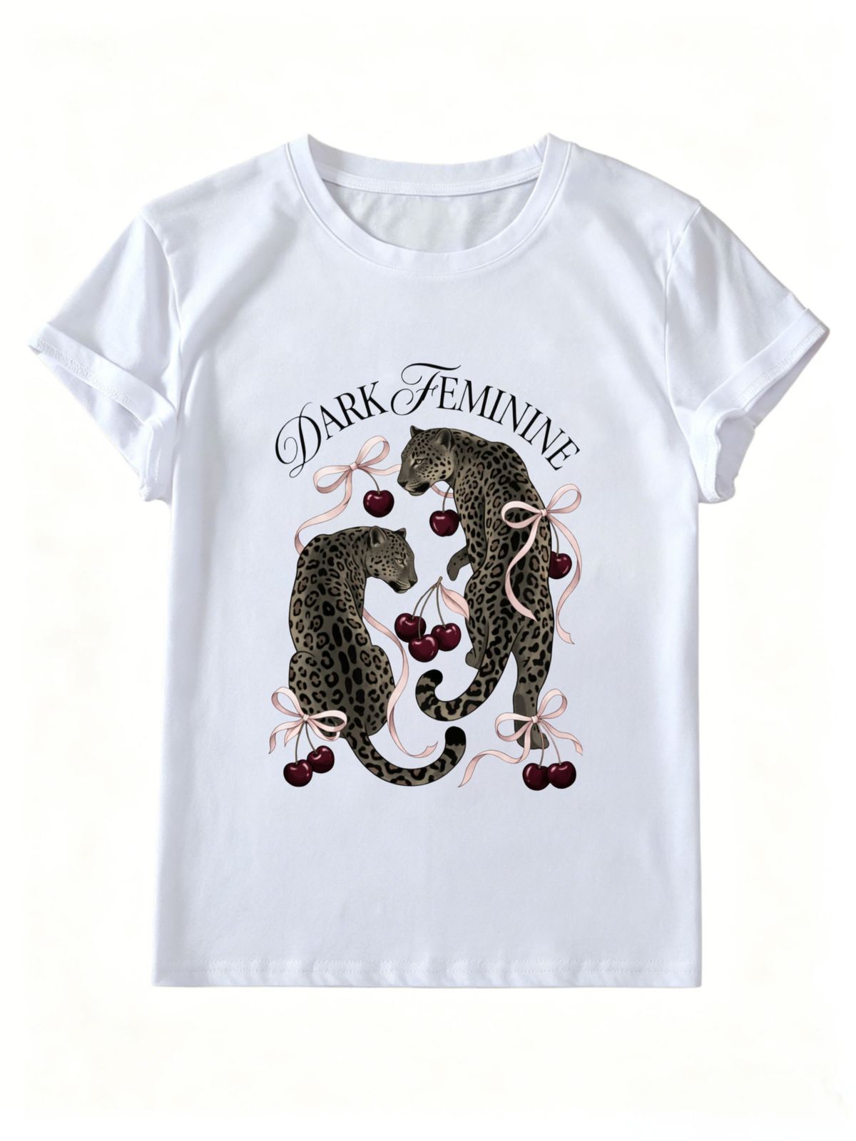 Women Dark Feminine Leopard Cherry Bow Graphic T-Shirt Retro Y2K Animal Print Crew Neck Short Sleeve White Street Tee_ecoleips.com