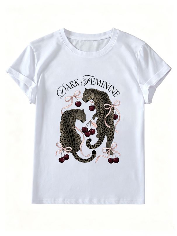 Women Dark Feminine Leopard Cherry Bow Graphic T-Shirt Retro Y2K Animal Print Crew Neck Short Sleeve White Street Tee_ecoleips.com
