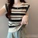 Vintage Stripe 3d Effect Short Sleeve Knit Top For Women, Breathable Polyester Blend Casual Crewneck Shirt, Office & Daily Wear_ecoleips.com