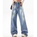 Women's Graffiti Print Denim Jeans – High Street Style, Loose Fit Straight Leg With Slight Flare_ecoleips.com