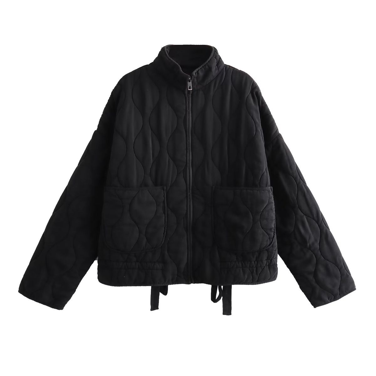 Urban Streetwear Quilted Jacket With Pockets - Stand Collar, Polyester Outerwear For Men & Women (Navy Blue, XS/S/M/L)_ecoleips.com