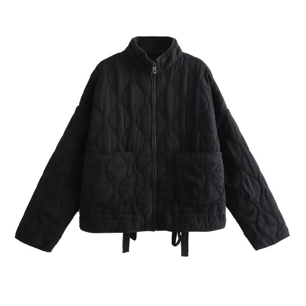 Urban Streetwear Quilted Jacket With Pockets - Stand Collar, Polyester Outerwear For Men & Women (Navy Blue, XS/S/M/L)_ecoleips.com