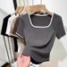 Short-sleeved T-shirt Women's Summer New Casual Square Collar Contrasting Color Fashion Bottoming Shirt_ecoleips.com