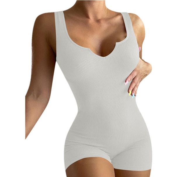 2026 New Spring And Summer Solid Color Threaded Small V-neck Slim-fit Casual Jumpsuit_ecoleips.com