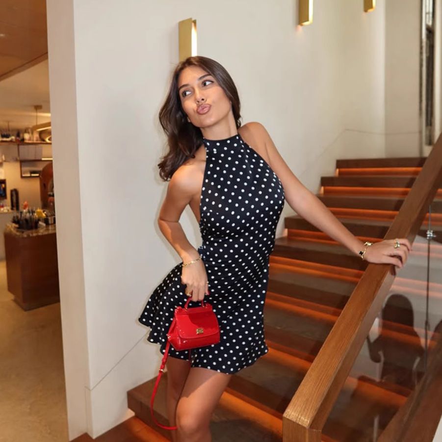 Women's Sleeveless Retro Polka Dot Halter Neck Dress European American Style Summer Sexy Backless Waist Cinching Thin Material_ecoleips.com