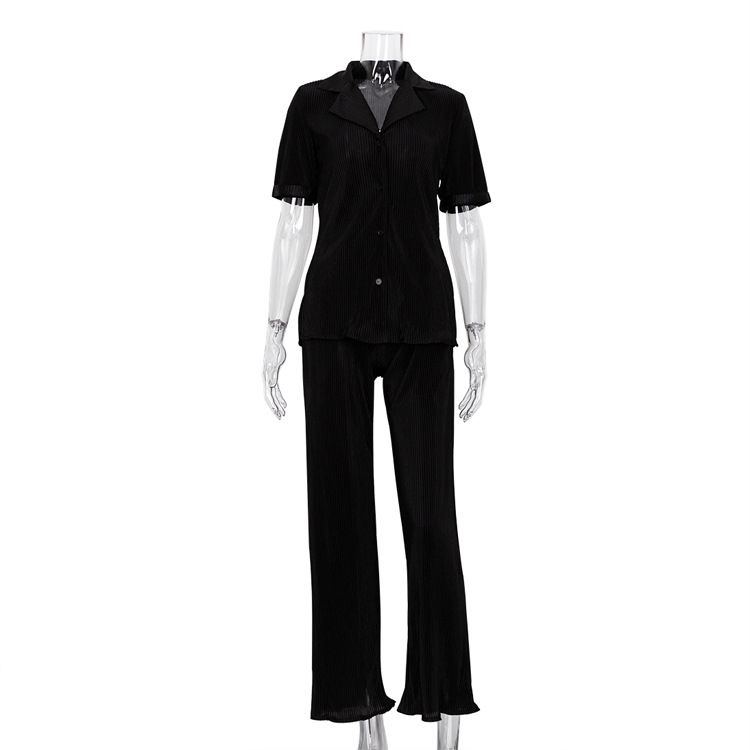Women's Clothing Short-sleeved Shirt Elegant Pleated High Waist Wide-leg Pants Set_ecoleips.com