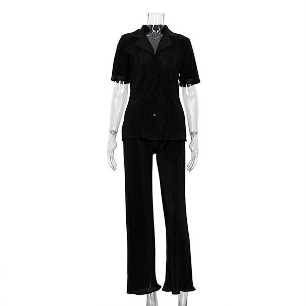 Women's Clothing Short-sleeved Shirt Elegant Pleated High Waist Wide-leg Pants Set_ecoleips.com