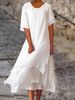 Women's Clothing Fashion Casual Double Layer Slit Short Sleeved Round Neck Dress_ecoleips.com