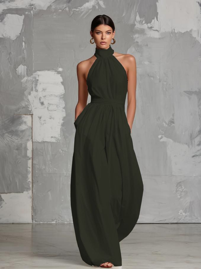 Women's Elegant Slim Fit Jumpsuit Halter Neck Backless Sleeveless Summer New Solid Color Style_ecoleips.com