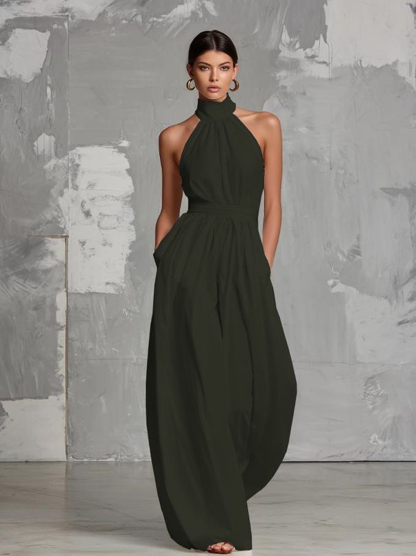 Women's Elegant Slim Fit Jumpsuit Halter Neck Backless Sleeveless Summer New Solid Color Style_ecoleips.com