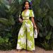 Women's Clothing New Arrival Tropical Print Pleated Butterfly Sleeve Top With Lace Up Wide Leg Trousers Suit_ecoleips.com