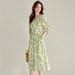 25 Summer French V-neck Fresh Green Printed Lantern Sleeve Waist-cinching Split Vacation Style Long Dress 15695_ecoleips.com
