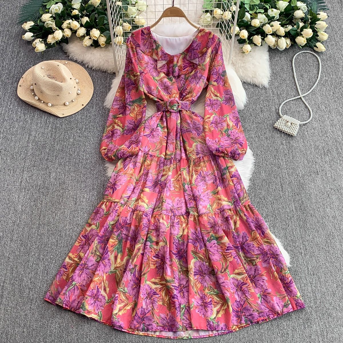 Women's Clothing Retro Print Ruffled V Neck Puff Sleeve Dress Waist Slimming Pleated Long Skirt_ecoleips.com