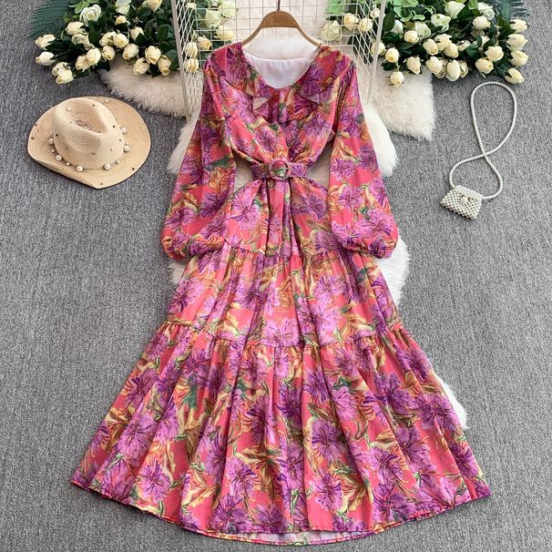 Women's Clothing Retro Print Ruffled V Neck Puff Sleeve Dress Waist Slimming Pleated Long Skirt_ecoleips.com