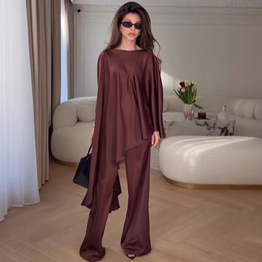 Set High End Design Loose Fitting Shawl Top Two Solid Color Satin Wide Leg Pants Women's Clothing_ecoleips.com