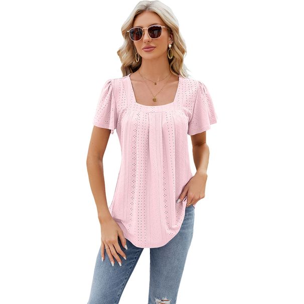 Women's Clothing Pleated Hollow Square Neck Jacquard T-Shirt Short Sleeved Swallowtail Top American Style_ecoleips.com