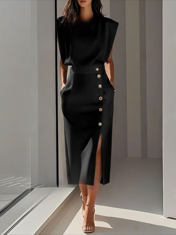 Fashion Royal Sister Style Solid Color Round Neck Waist Split Metal Buttons Summer Dress Women_ecoleips.com