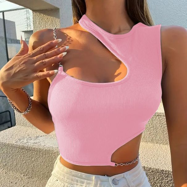 9243TD Nazada 2025 Summer European American Women's Clothing T-shirt Tank Top With Metal Chain And Exposed Navel_ecoleips.com