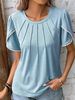 Women's Clothing Summer Women's Round Neck T-Shirt Solid Color Pleated Short Sleeve Lace Casual Top For Formal & Casual For Women_ecoleips.com