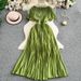 Elegant V Neck Rhinestone Embellished Dress With Short Sleeves Waist Cinching Slimming Pleated Long Skirt For Sophisticated Women_ecoleips.com