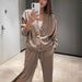 Women's Minimalist V-Neck Knit Set, Comfort-Fit Cardigan With High-Waisted Lounge Pants, Casual Two-Piece Outfit_ecoleips.com