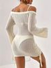 Women Soft Skin-Friendly Breathable Hollow Knit Cover Up Dress Off Shoulder Flare Long Sleeve Loose Drawstring Side Mini Knit Tunic_ecoleips.com