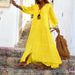 FD536 In Stock 2025 Cross-Border Women's Summer Autumn Bohemian Solid Color V-Neck Loose Long Sleeve Cotton Linen Dress_ecoleips.com