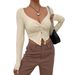 Women's Clothing Women's Slim Fit V Neck Knotted Knitted Top Autumn Winter Fashion Short Long Sleeve Super Short Top_ecoleips.com