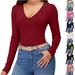 Women's Long-sleeved Solid Color Slim-fit Thin V-neck Knit Top, Versatile For Cross-border Sales_ecoleips.com