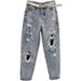 Distressed Dad Jeans For Women – High Waisted Loose Fit Denim Pants With Rhinestone Embellishments (90s Vintage Style, Cropped Length)_ecoleips.com