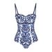 Blue And White Porcelain Print One Piece Bikini Set European American Style Tulle Skirt Hot Spring Beach Resort Quick Drying Summer Swimwear_ecoleips.com