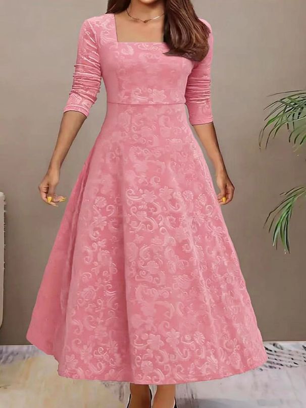 Women's Clothing Elegant Solid Color Jacquard Long Sleeve Square Neck Dress Fashion Plus Size Loose Fit Gold Velvet_ecoleips.com