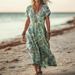 Creative Floral Women's Summer V-Neck Short Sleeve Mid-Length Dress_ecoleips.com