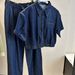 Women's Clothing High Waist Denim Shirt Elastic Waist Loose Wide Leg Pants Trousers Two Piece Suit_ecoleips.com