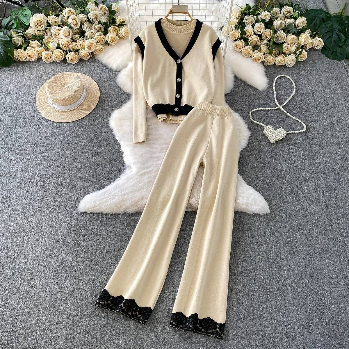 Elegant Winter Vest Set – V-Neck Knit Sweater + High-Waist Lace Pants (Beige/Black/Charcoal/Brown, One Size Fits Most)_ecoleips.com