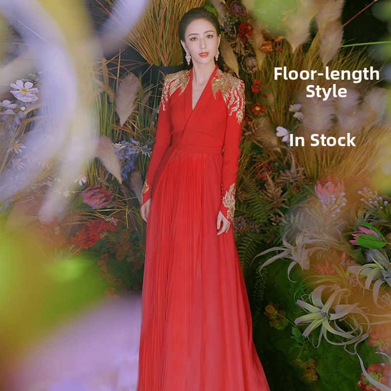 Long Elegant Red Wedding Dress For Brides Engagement Reunion Banquet Evening Gown Women's Party Wear_ecoleips.com