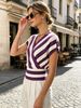 Loose V Neck Knit Tee, Skin-friendly Stripe Short Sleeve_ecoleips.com