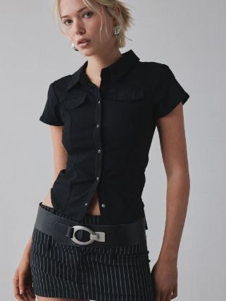 Women's Clothing Retro Hot Girl Pleated Waist Design Short Sleeved Shirt Tops Women's Clothing_ecoleips.com