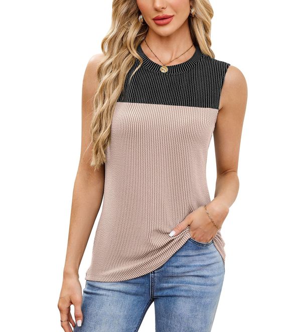Women's Clothing Women's Tops Casual Stitching Contrast Color Round Neck Sleeveless Vest_ecoleips.com