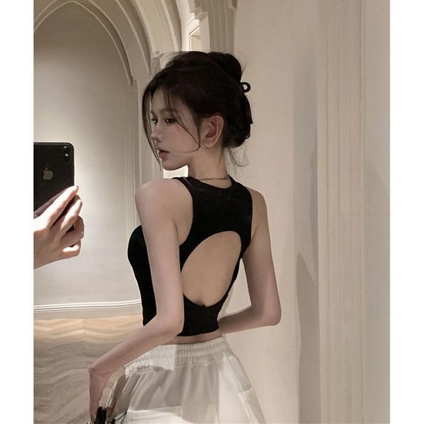 Hot Girl Black Tank With Thin Straps For Women, Summer Pure Desire Slim-fit Sports High-waisted Short Sleeveless_ecoleips.com